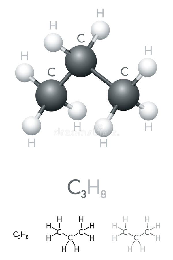 丙烷、C3H8、分子模型和化学式 向量例证